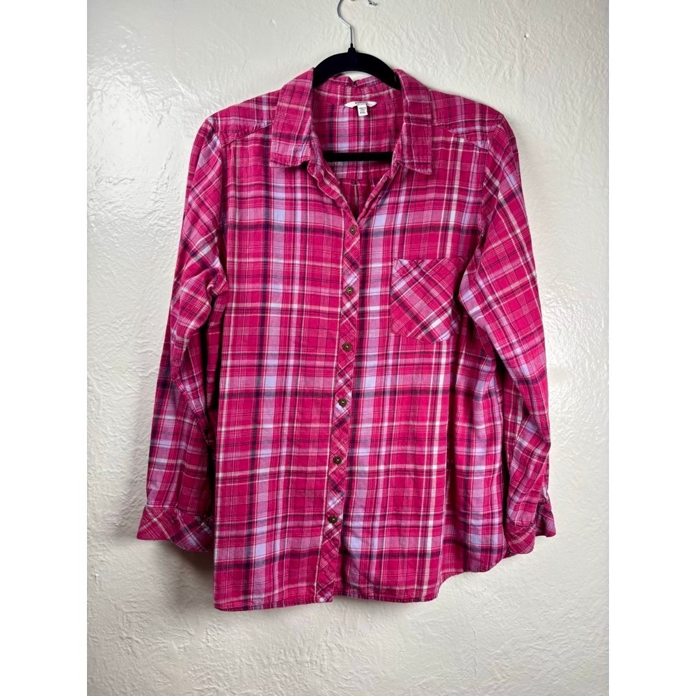 Womens XXL Pink Plaid Button Down Cotton Shirt Long Sleeve Y2K Bella Outdoor
